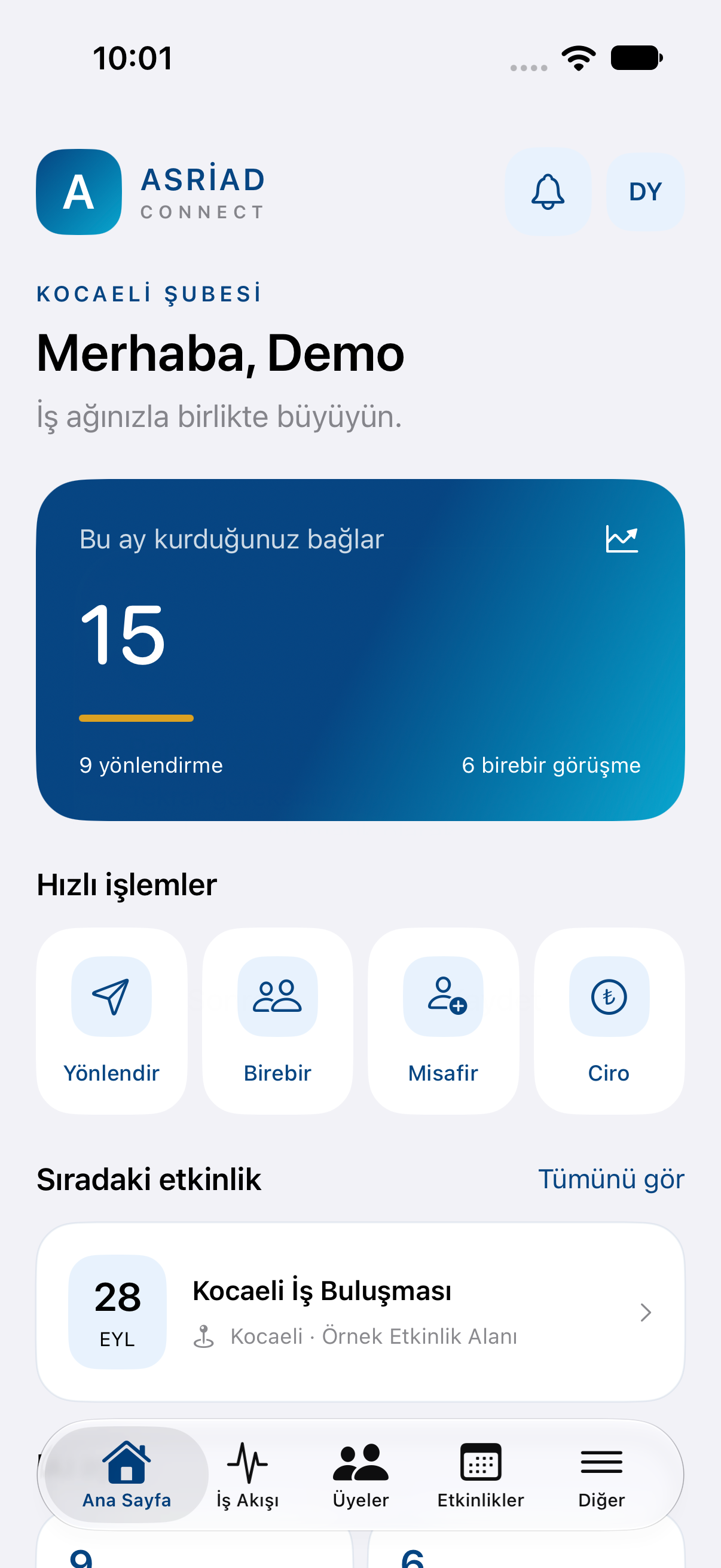 ASRİAD Connect ana ekranı: üye bağlantıları, hızlı işlemler ve yaklaşan etkinlik. Ekran örnek veriler içerir.